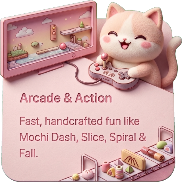 Arcade & Action — fast, handcrafted fun like Mochi Dash, Slice, Spiral & Fall