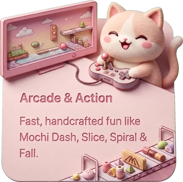 Arcade & Action — fast, handcrafted fun like Mochi Dash, Slice, Spiral & Fall